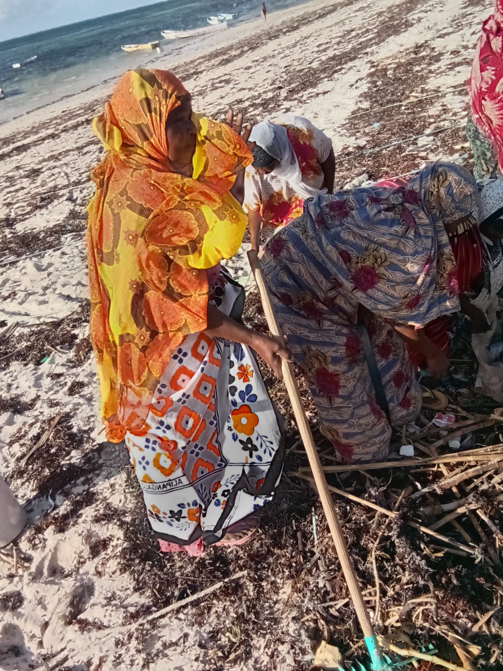 Women from the community clearing seaweed and debris from the beach